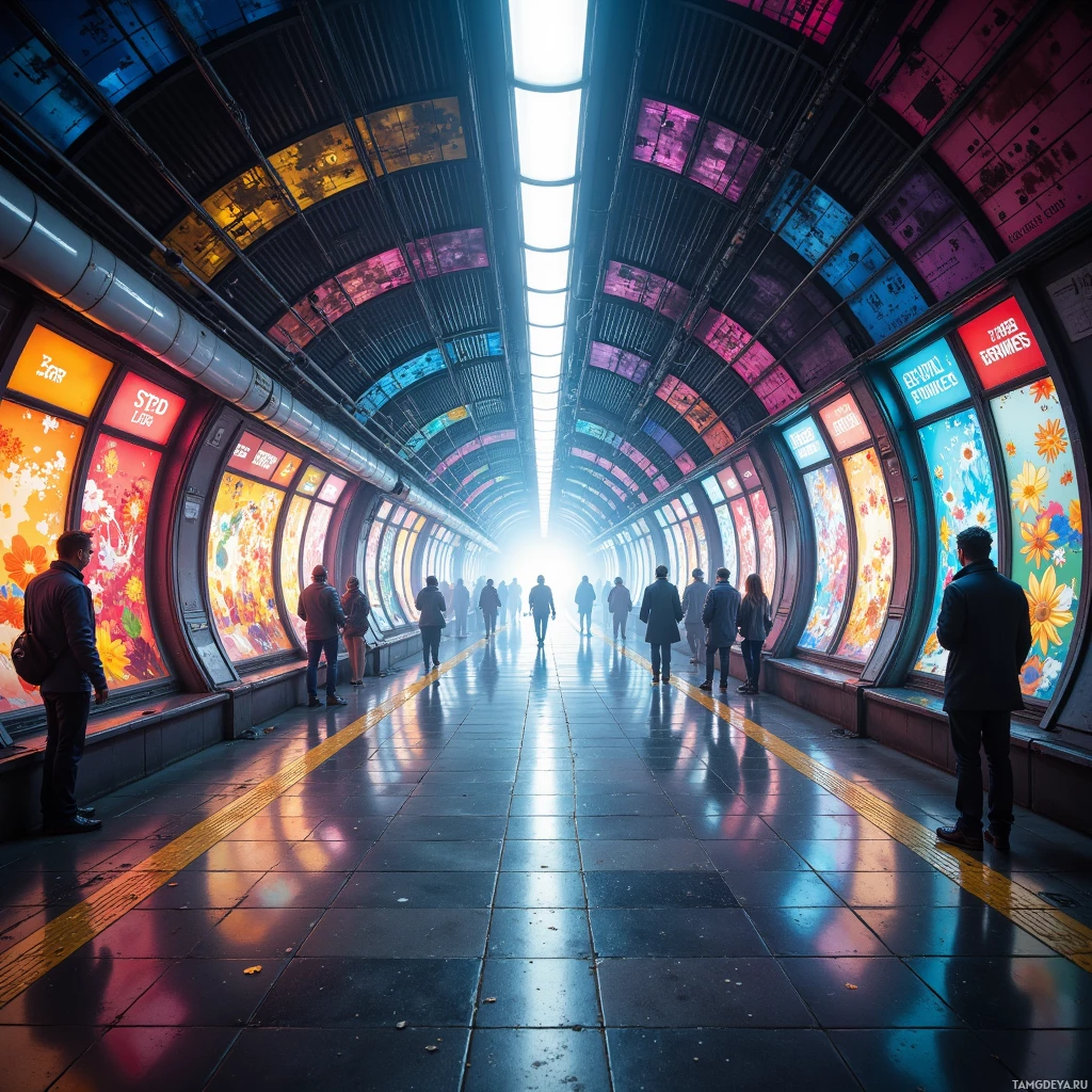 A futuristic tunnel with colorful illuminated panels and people walking.