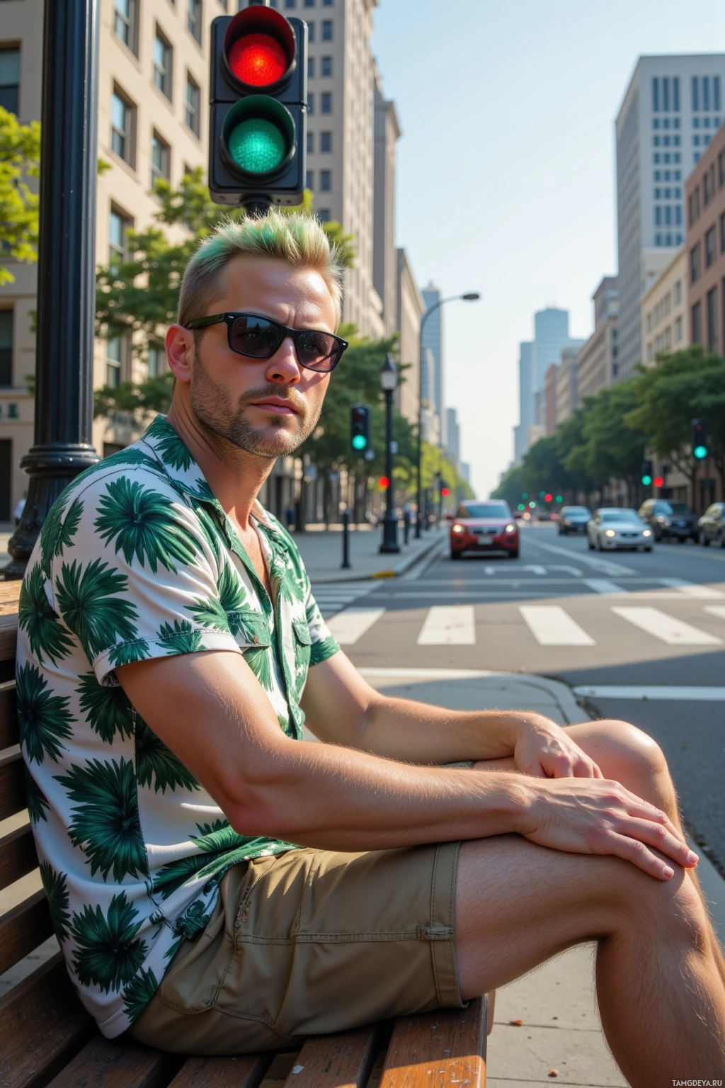 A man in a tropical shirt sits on a bench in an urban setting with traffic lights and buildings in the background.