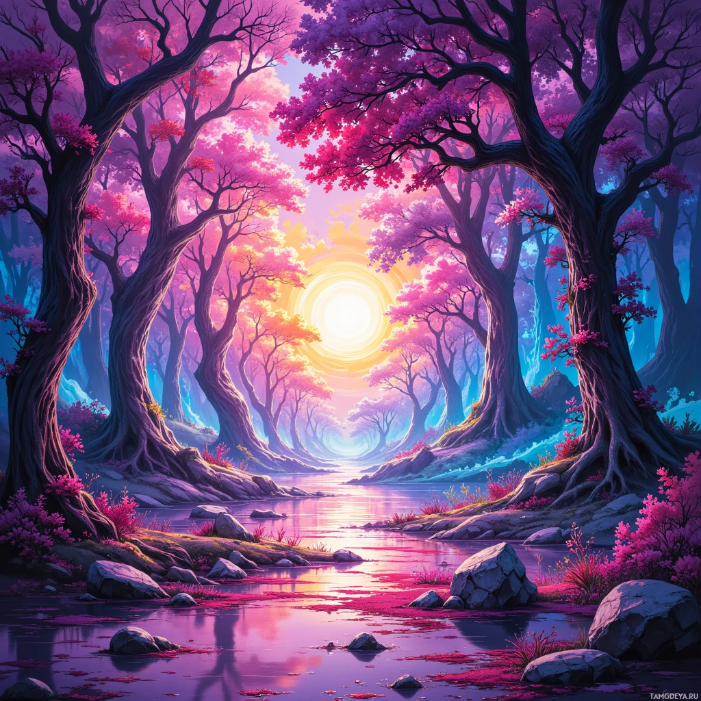 A serene forest scene with vibrant pink and purple hues, featuring a calm river and tall trees.