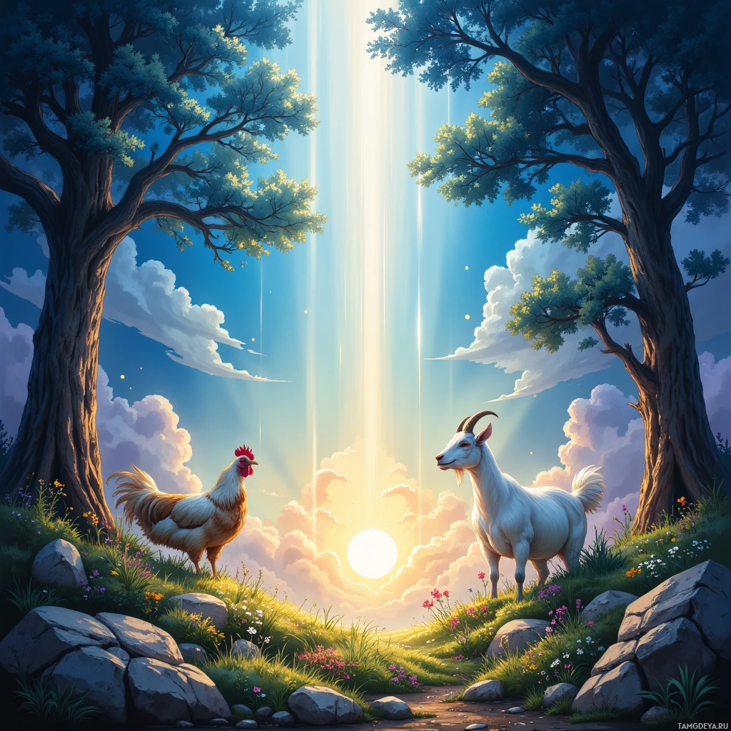 A serene landscape featuring a rooster and a goat under a radiant sunlit sky.