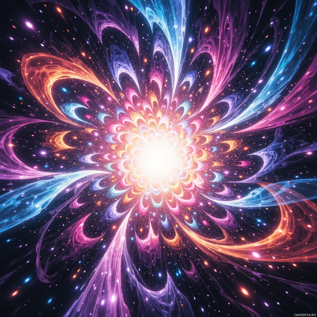 A vibrant, abstract cosmic scene with swirling patterns and glowing stars.