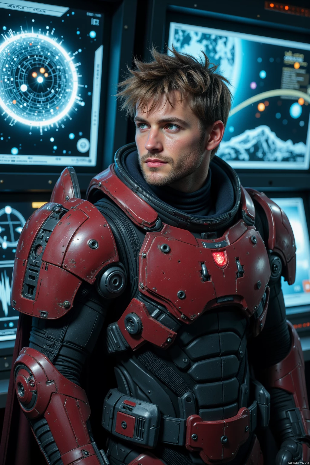 A person in a futuristic red and black armored suit stands in front of a high-tech control panel.