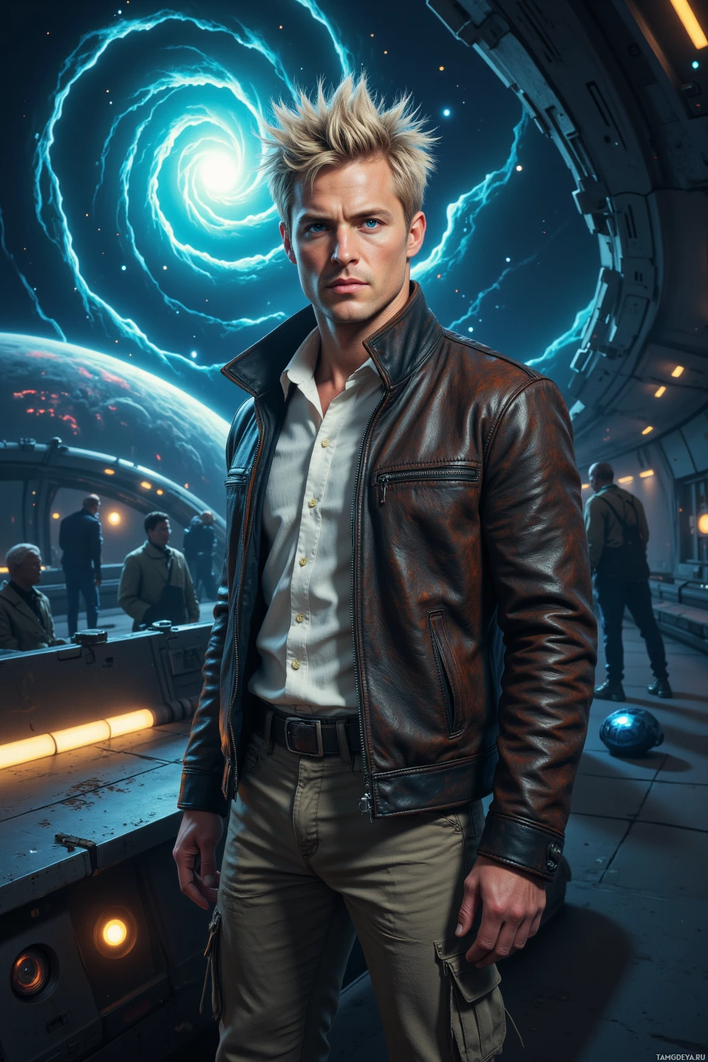 A man in a leather jacket stands in a futuristic setting with a glowing spiral and a planet in the background.