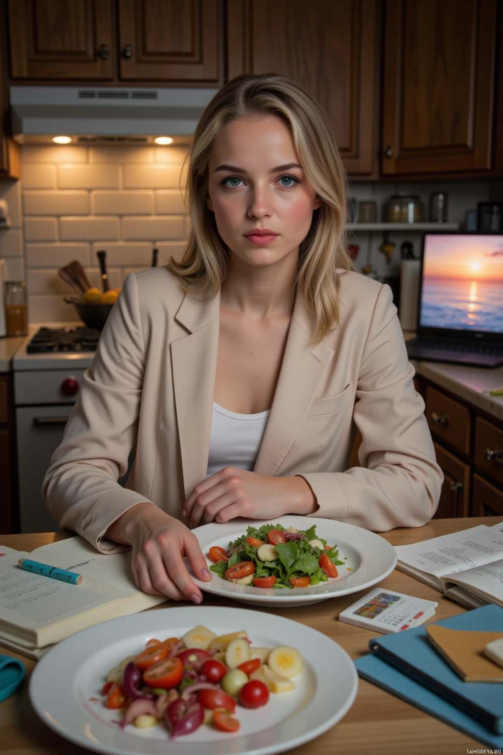 A woman in a beige blazer sits at a kitchen table with a plate of salad and some books.