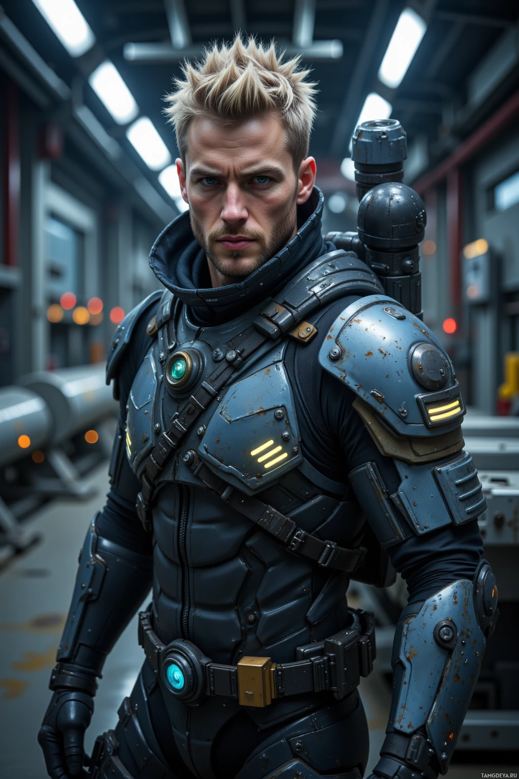 A person in futuristic armor stands in a dimly lit industrial setting.