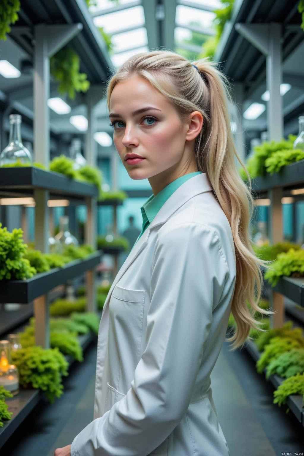 A person in a lab coat stands in a greenhouse with shelves of plants and glassware.