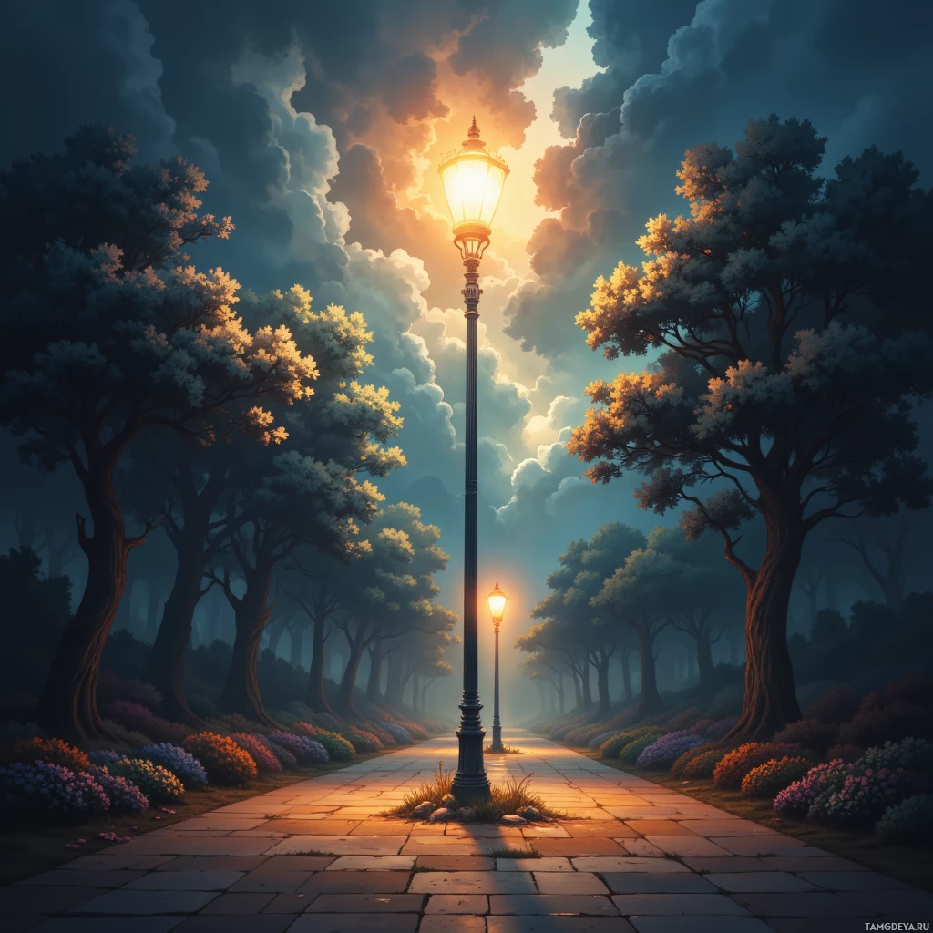 A serene pathway lined with trees and illuminated by a glowing street lamp under a cloudy sky.