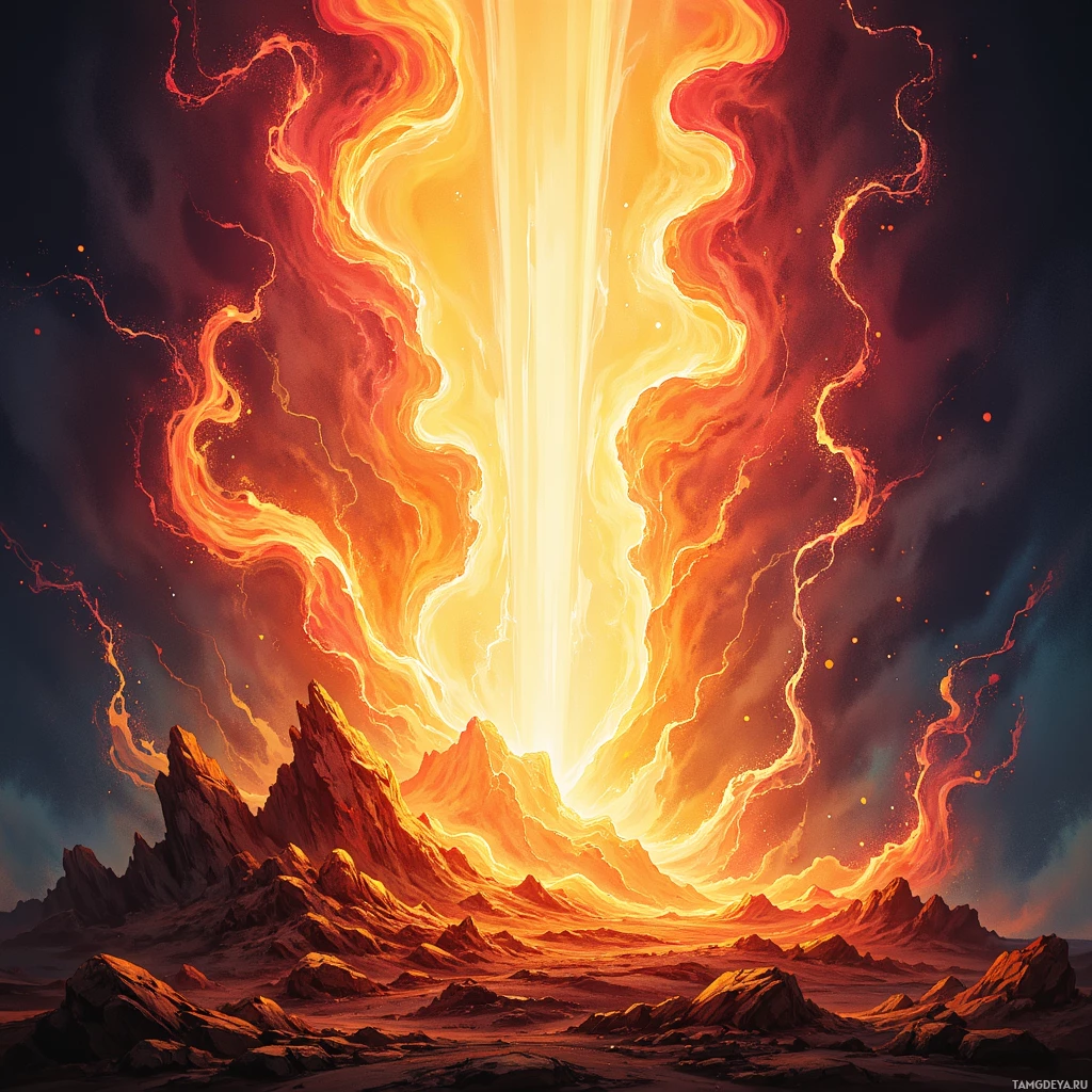 A fiery, glowing landscape with jagged rock formations and a radiant light beam.