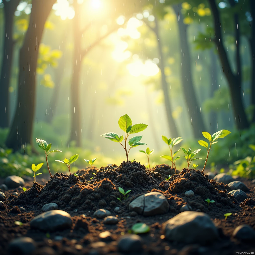 A serene forest scene with sunlight filtering through trees, rain falling, and young plants growing in the foreground.