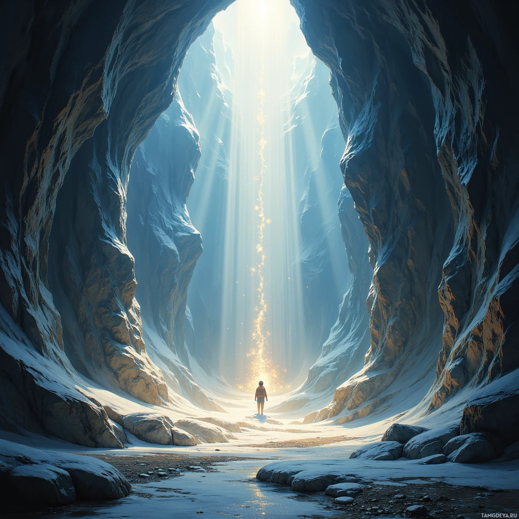 A lone figure stands at the entrance of a vast, sunlit canyon.