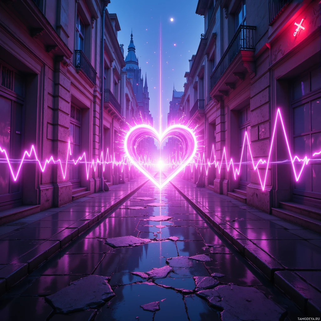 A neon-lit street with a glowing heart and heartbeat lines leading towards a distant tower.