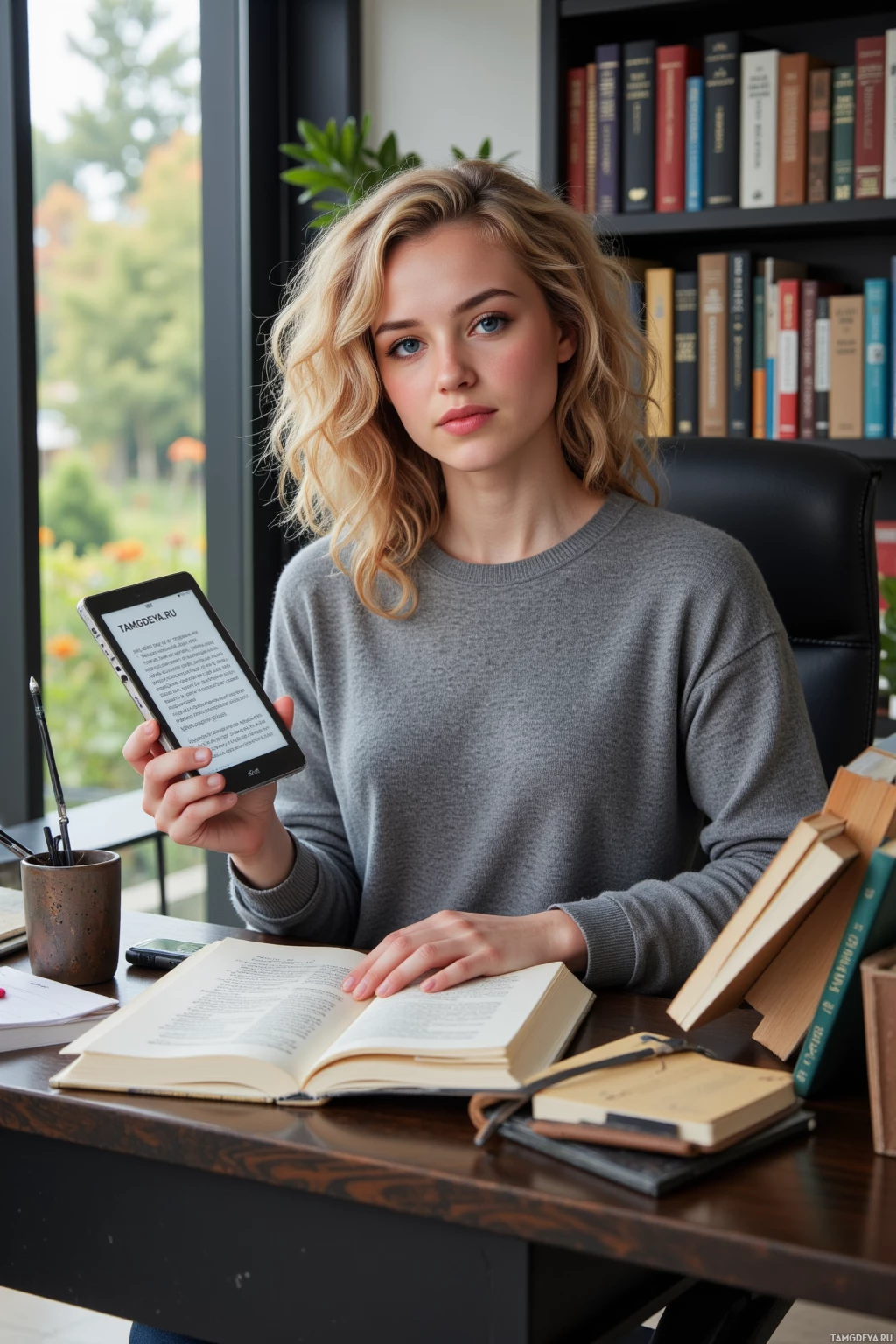 A person is sitting at a desk with books and a tablet, holding the tablet.