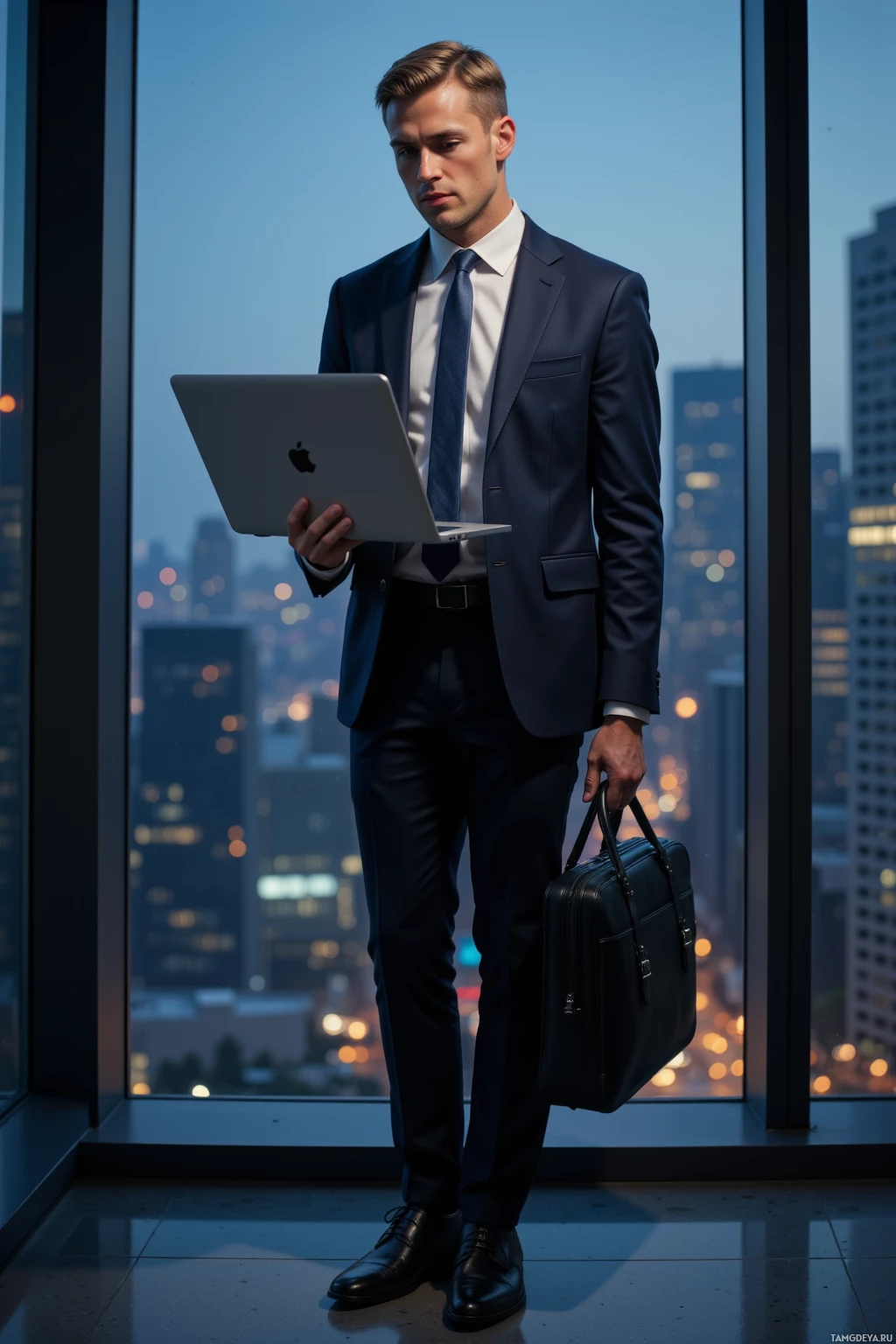 A man in a suit stands by a window holding a laptop and a briefcase, with a cityscape in the background.