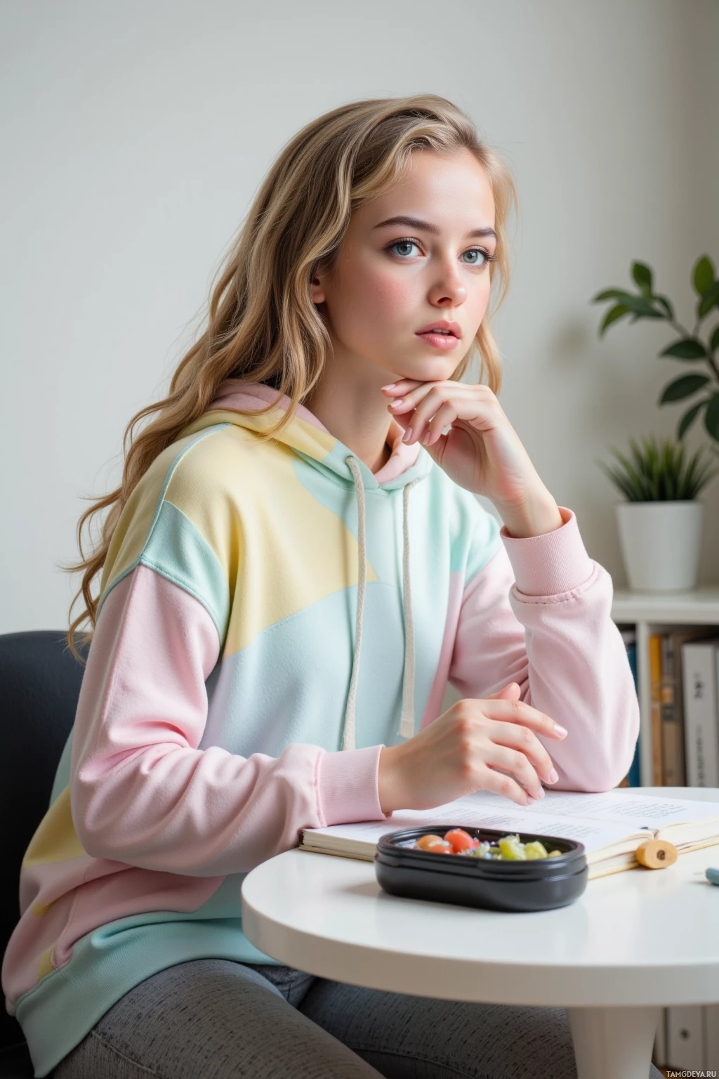 A person wearing a pastel hoodie sits at a table with a book and a bowl of fruit.