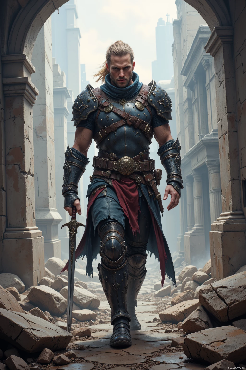 A warrior in ornate armor walks through a stone archway amidst rubble.