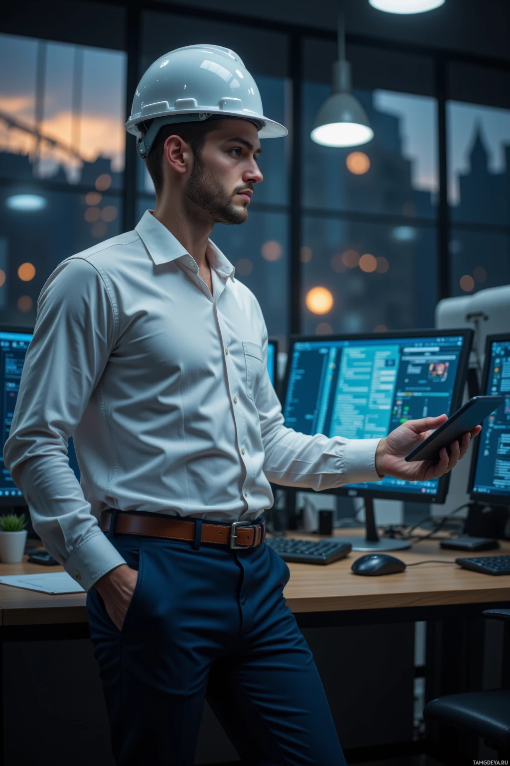 A man in a white shirt and hard hat stands in an office, holding a phone.