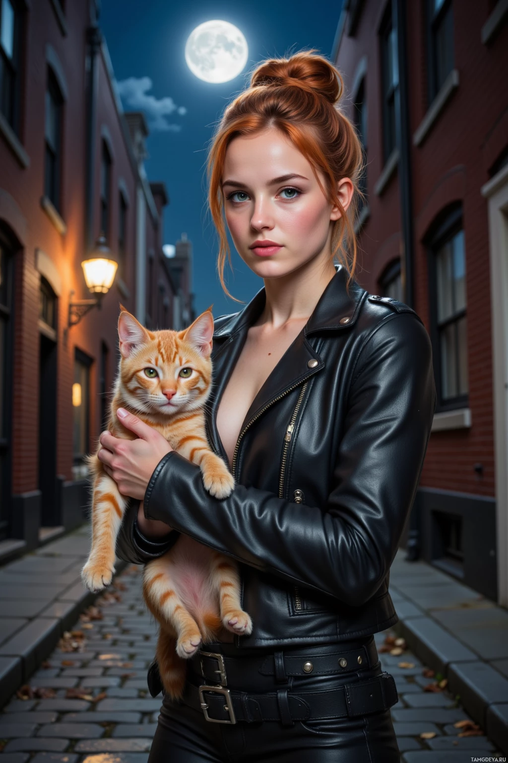 A woman in a leather jacket holds a cat on a cobblestone street under a full moon.