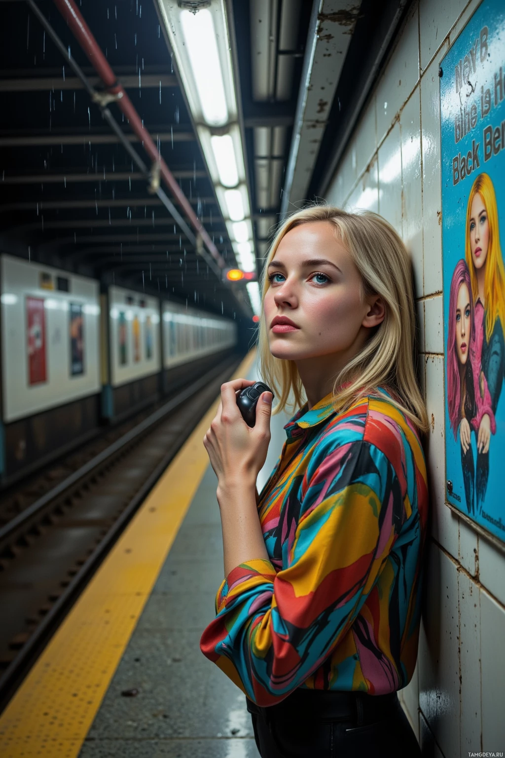 A person stands on a subway platform holding a phone, wearing a colorful shirt.