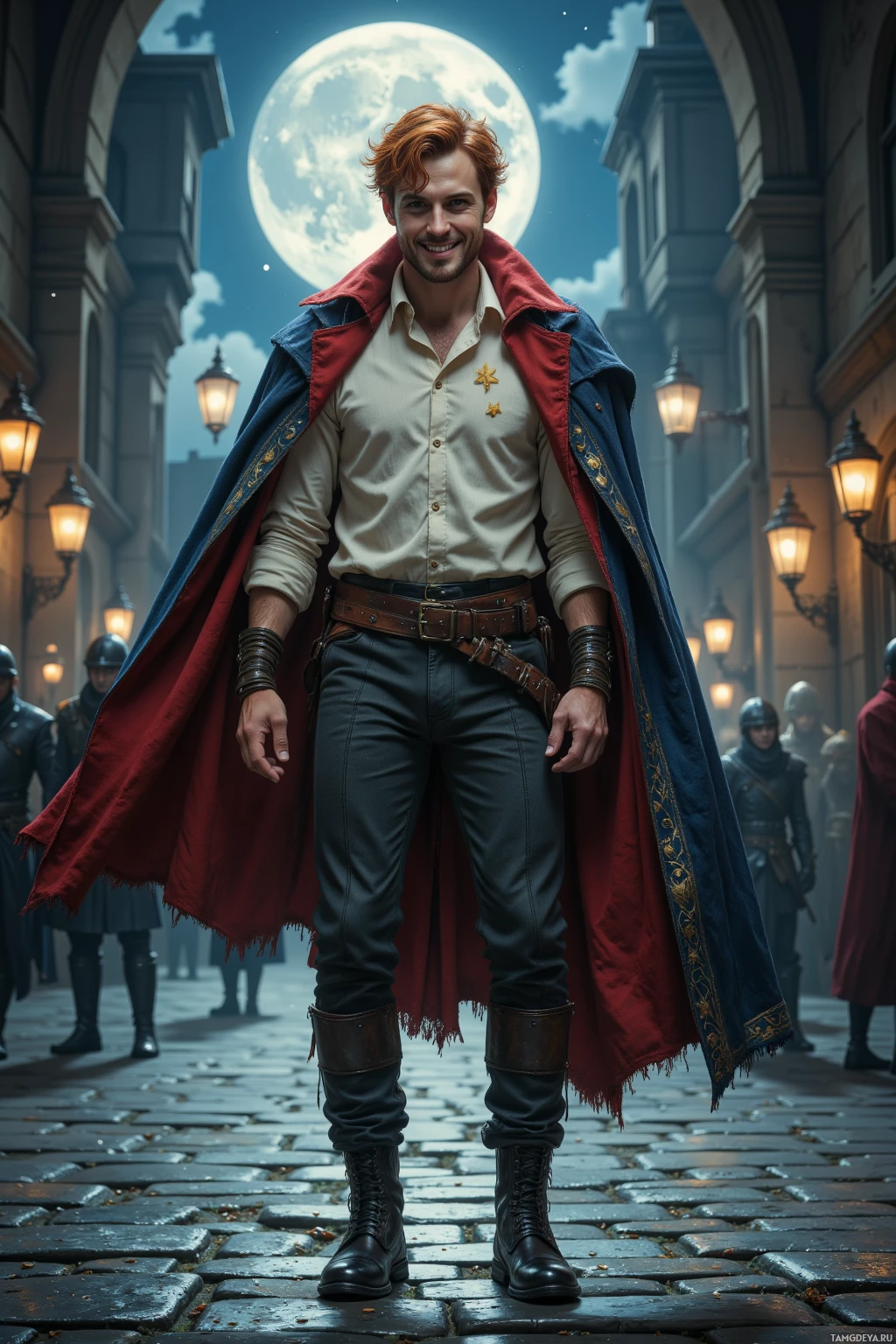 A man in a white shirt, red cape, and leather boots stands in a cobblestone alley under a full moon.