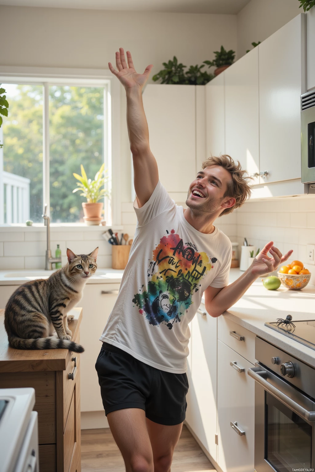 A man in a kitchen raises his hand while a cat sits on the counter.