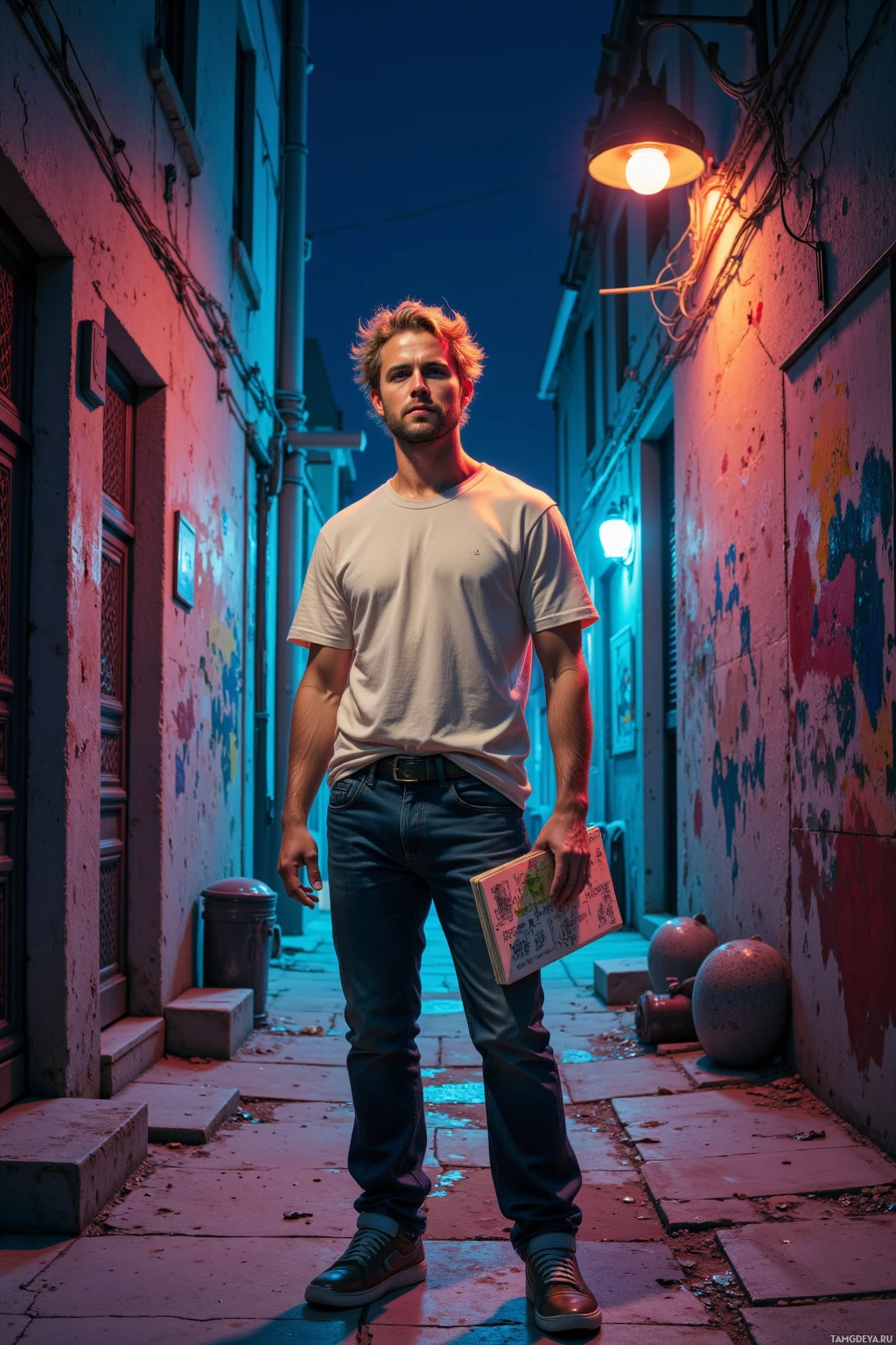 A man stands in a dimly lit alleyway holding a book, wearing a white t-shirt and jeans.