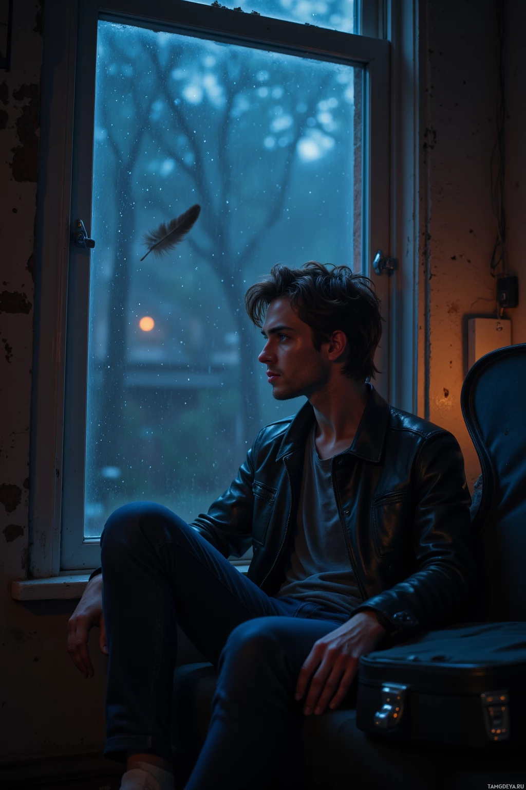 A man in a leather jacket sits by a window, looking out at a rainy night.