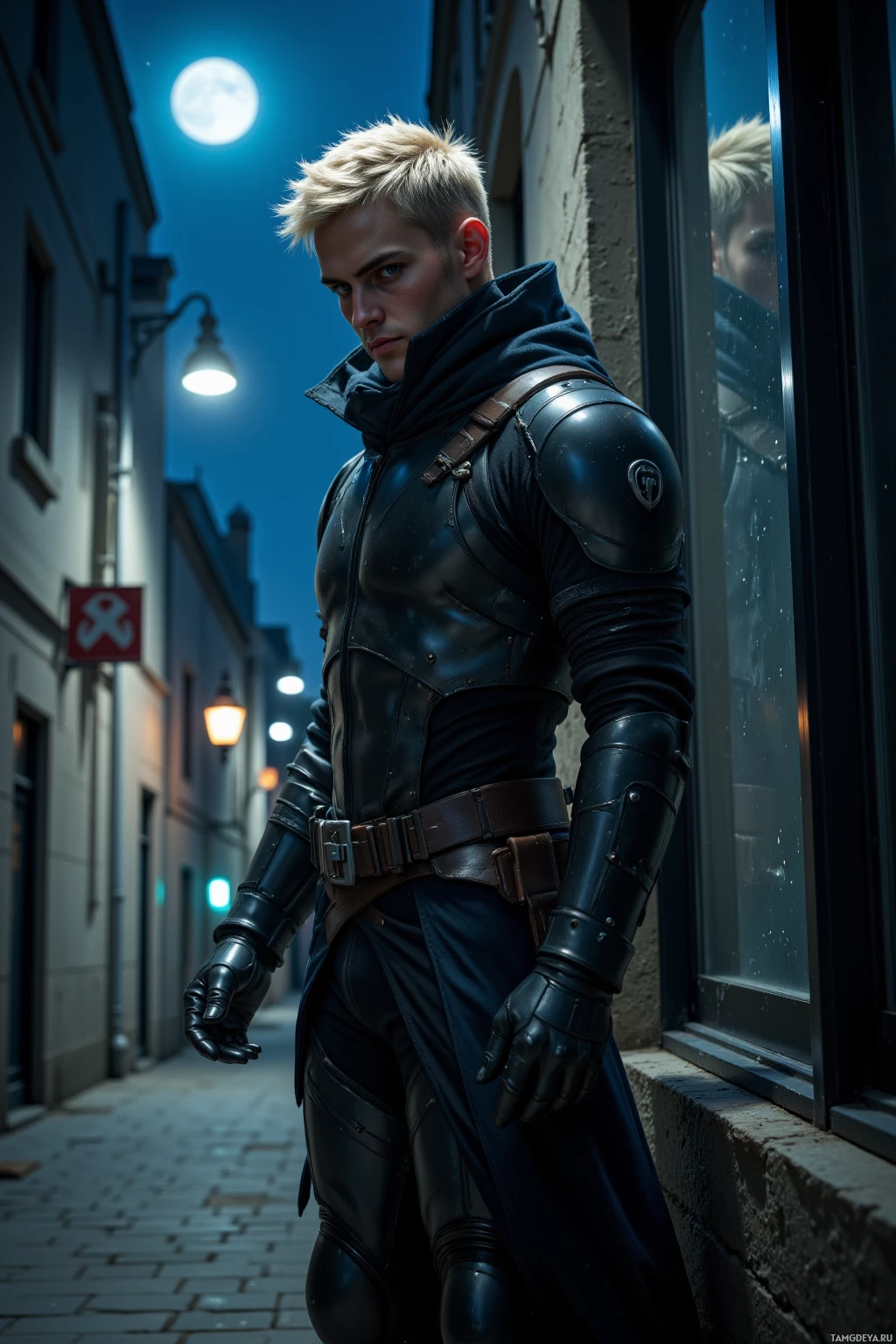 A person in a dark, futuristic outfit stands in a dimly lit alleyway at night.
