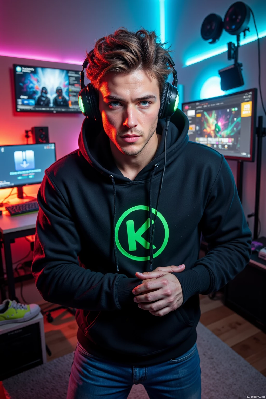 A person wearing a black hoodie with a green logo and headphones stands in a room with colorful lighting and computer monitors.