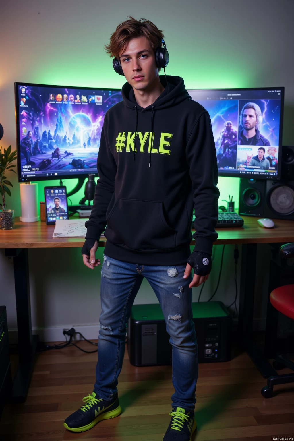 A person stands in front of a computer setup with a monitor displaying a game, wearing a hoodie and headphones.