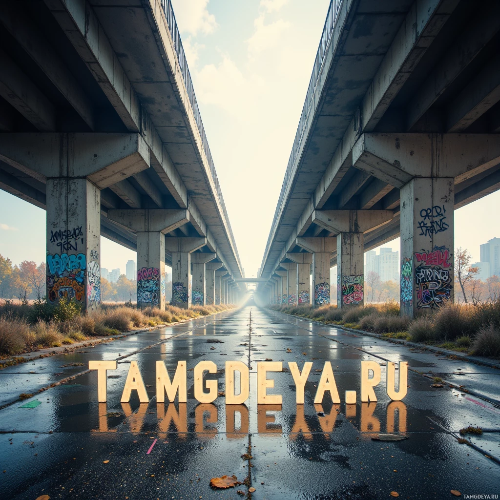 A wet road under elevated concrete structures with graffiti on the pillars.