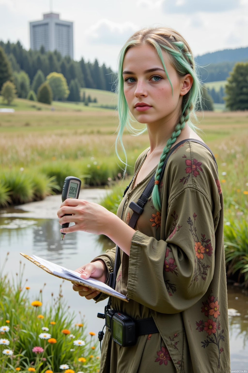A person stands outdoors holding a device and a notebook, with a scenic background of a pond and trees.