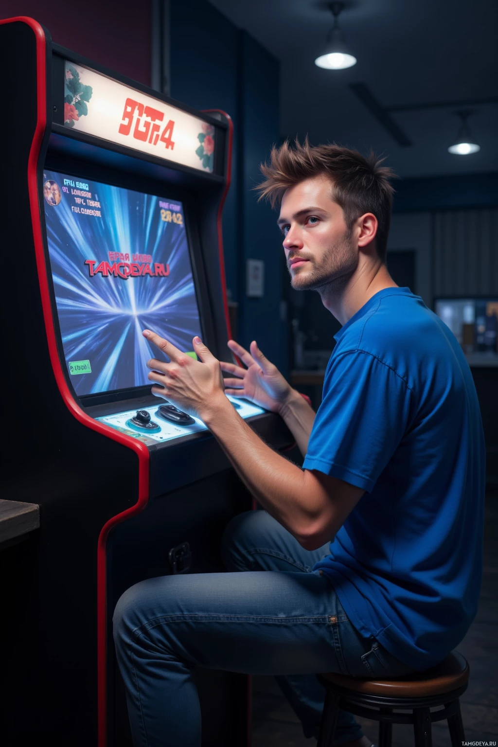 A person is playing a video game on an arcade machine.