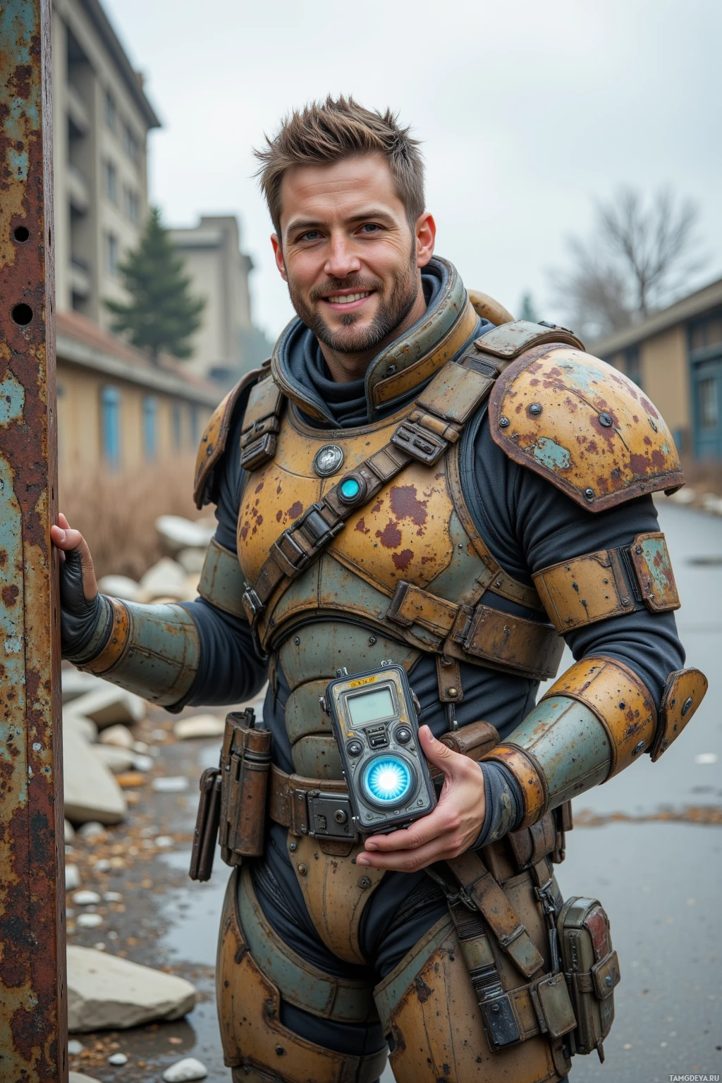 A person in a rugged, futuristic outfit holds a glowing device.