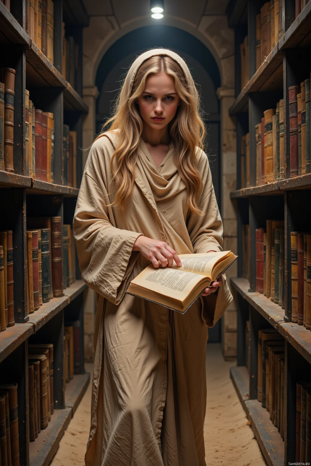 A woman in a beige robe stands in a library aisle, holding an open book.