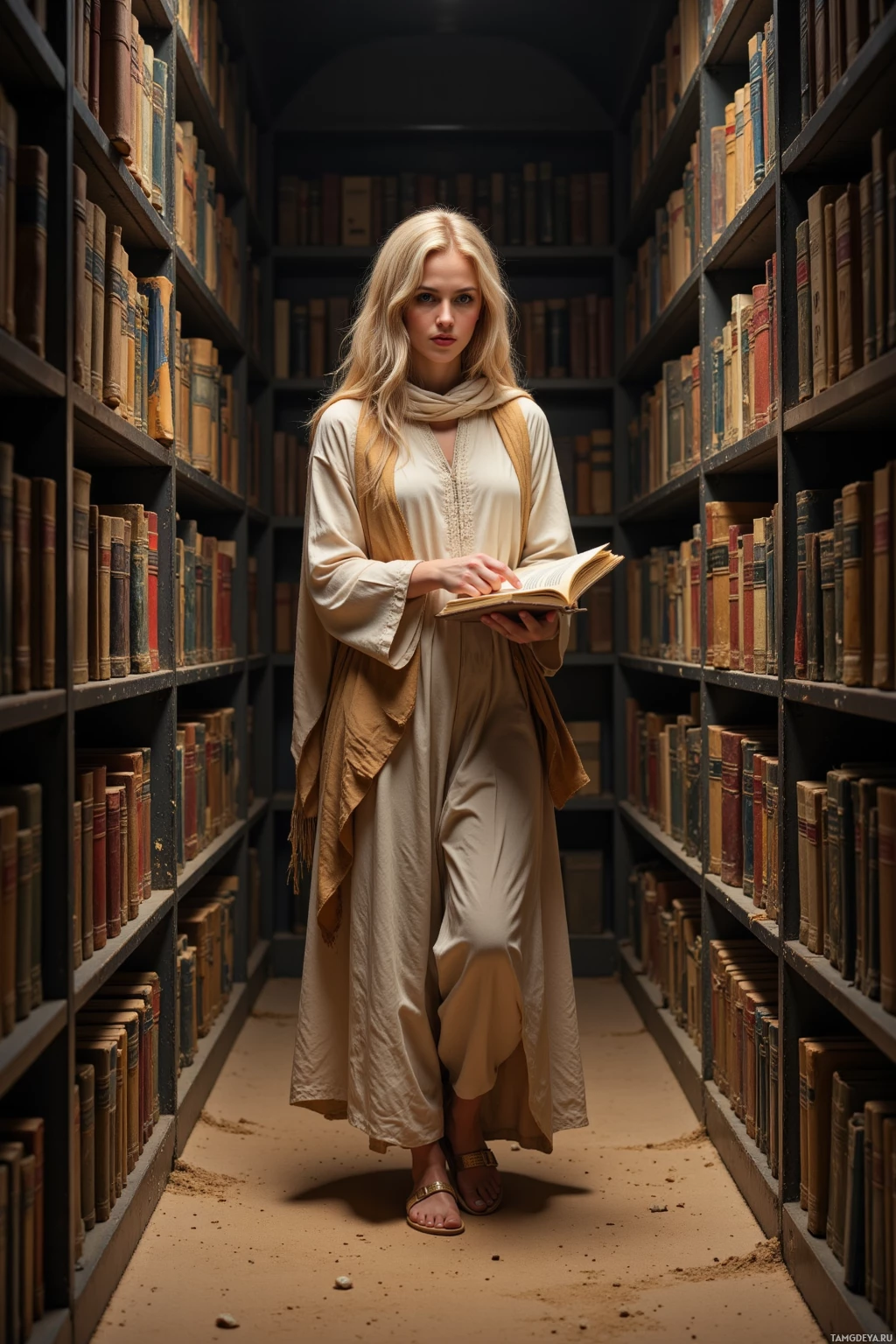 A woman in a long, flowing robe stands in a dimly lit library aisle, holding an open book.