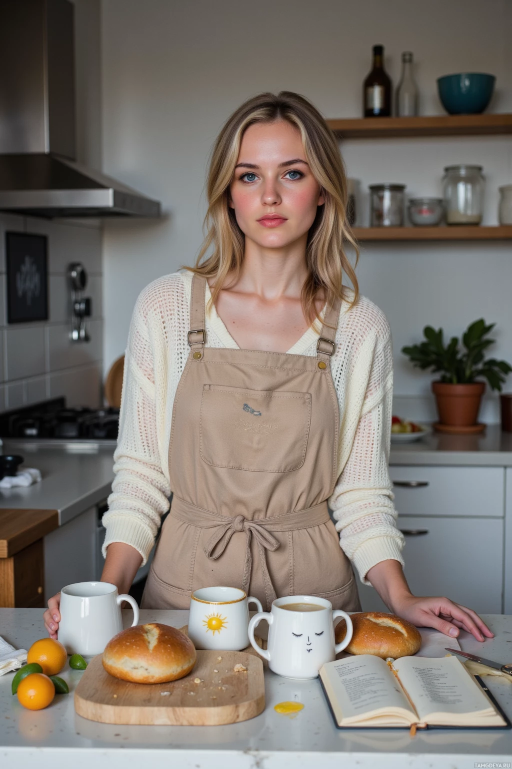 A woman stands in a kitchen, holding a mug, with a table in front of her displaying bread, oranges, a book, and mugs.