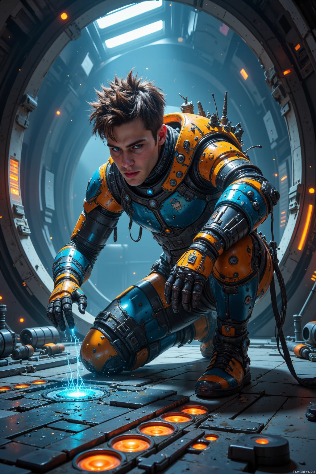 A person in a futuristic, armored suit crouches inside a circular, high-tech environment.
