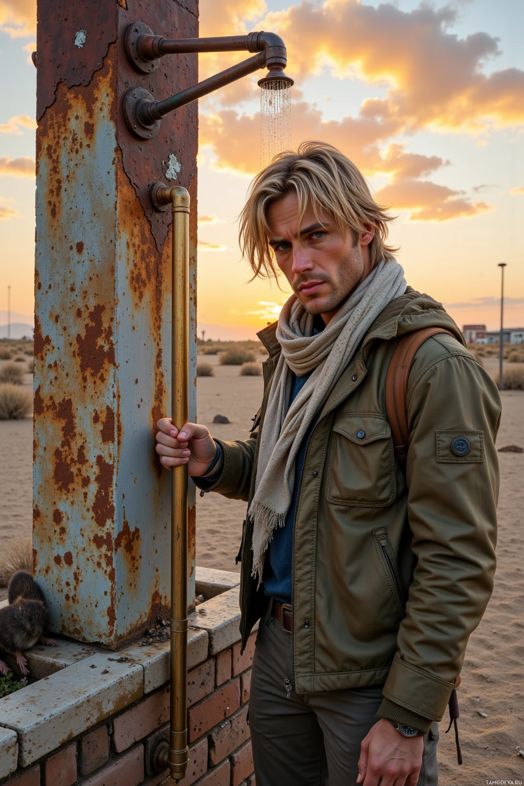 A man stands in a desert landscape, holding onto a rusty metal pole with a shower fixture, wearing a scarf and jacket.