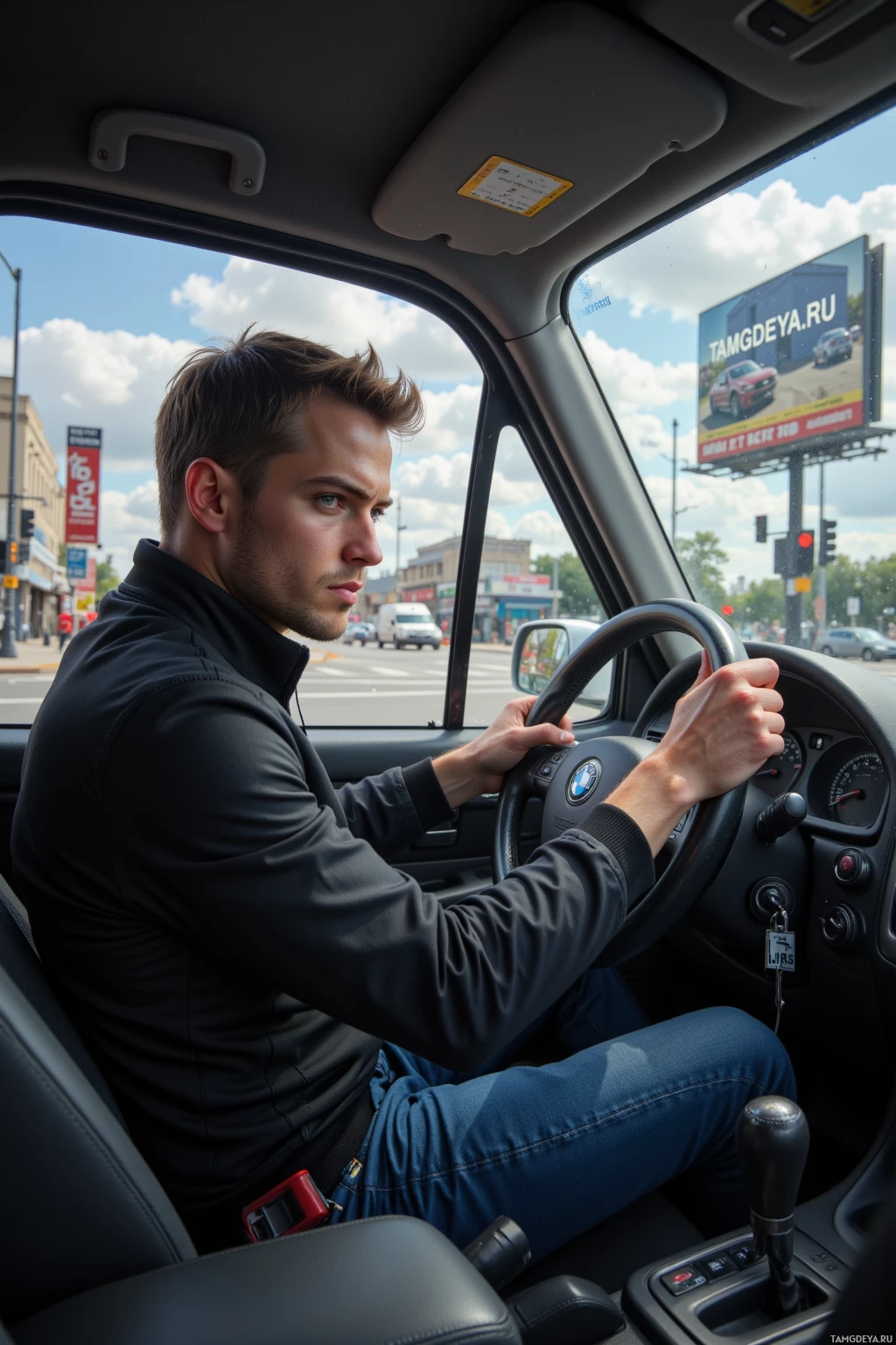 A man is driving a car on a sunny day.