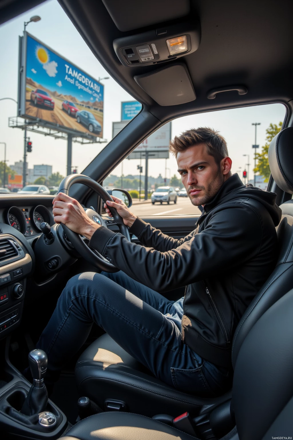 A man is driving a car on a sunny day.