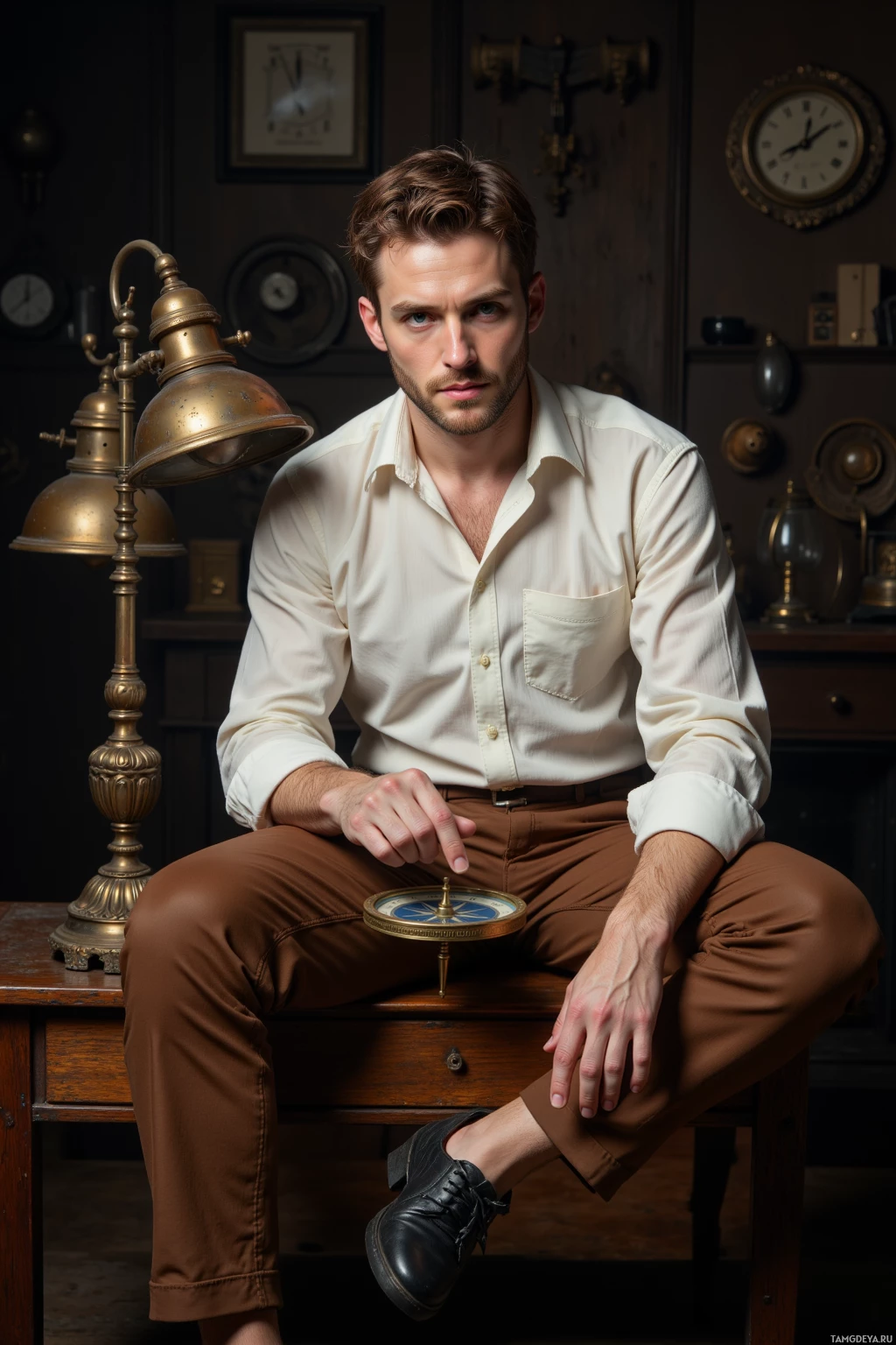 A man in a white shirt and brown pants sits on a wooden desk, holding a compass.