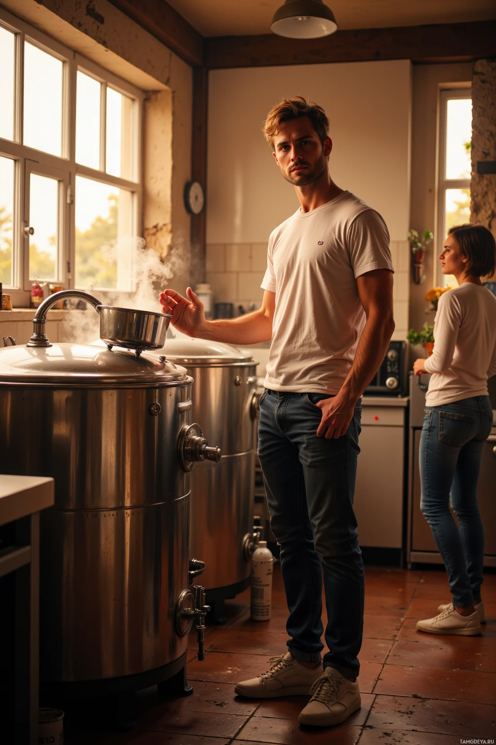 A man stands in a kitchen near a large brewing tank, with steam rising from a pot on the stove.