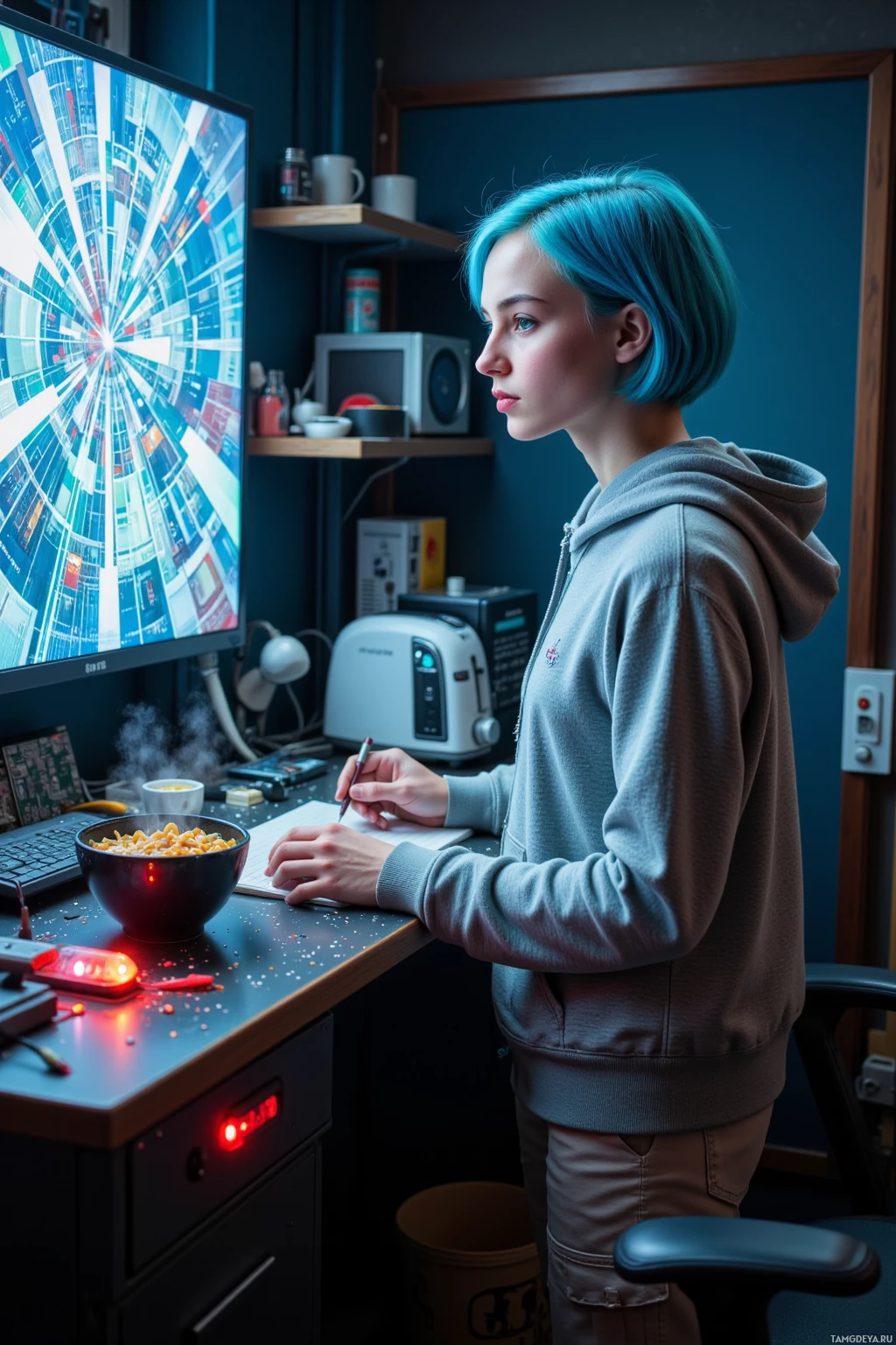 A person with blue hair stands at a desk, looking at a computer screen displaying a complex, colorful pattern.
