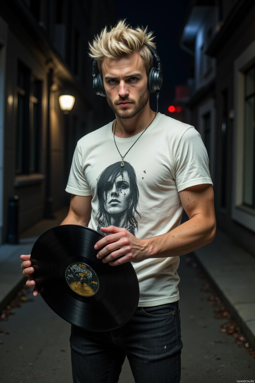 A man wearing headphones and a graphic t-shirt holds a vinyl record in an alleyway at night.
