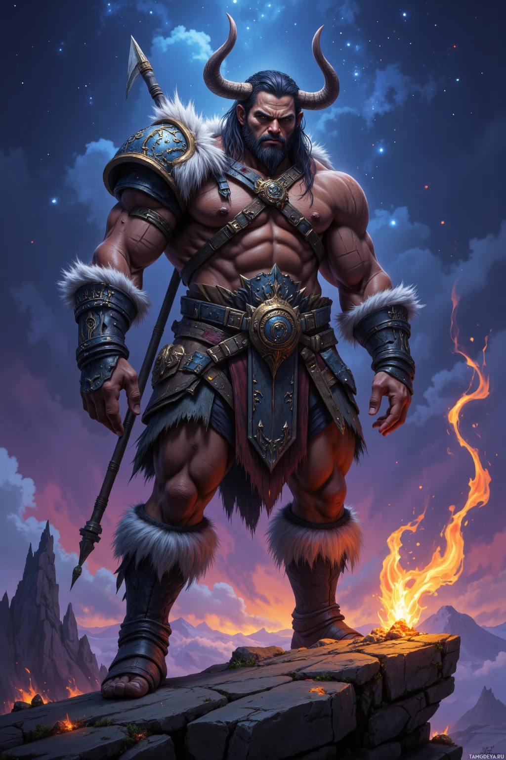 A muscular warrior stands on a rocky outcrop, holding a spear, against a backdrop of a starry sky and fiery flames.
