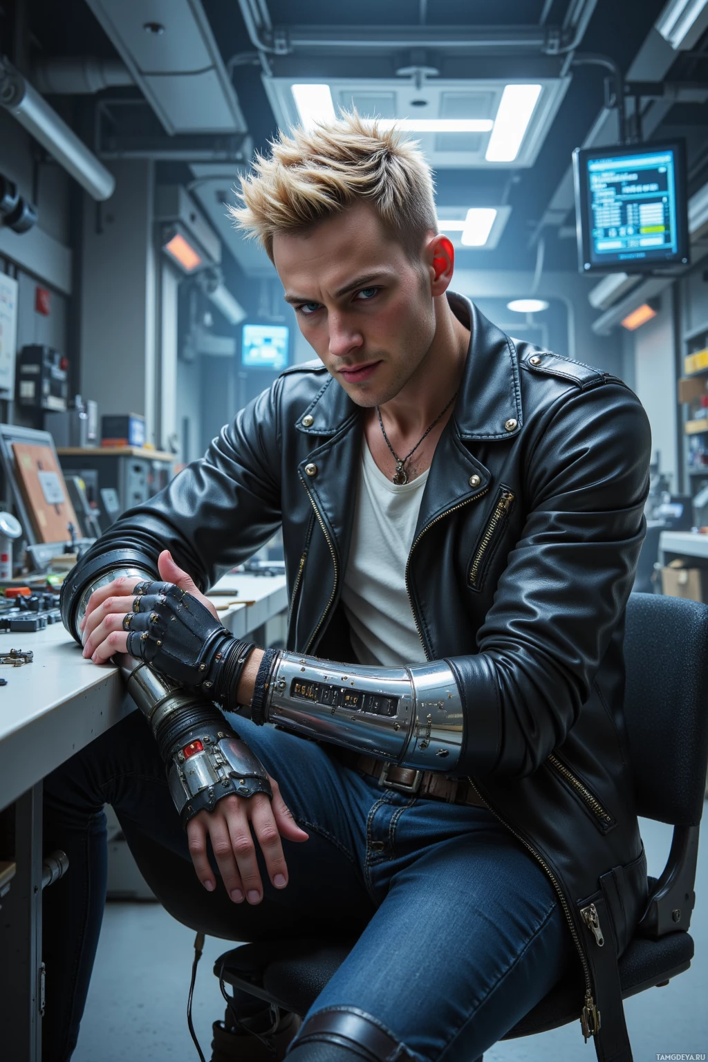 A person with a cybernetic arm sits in a futuristic office setting.