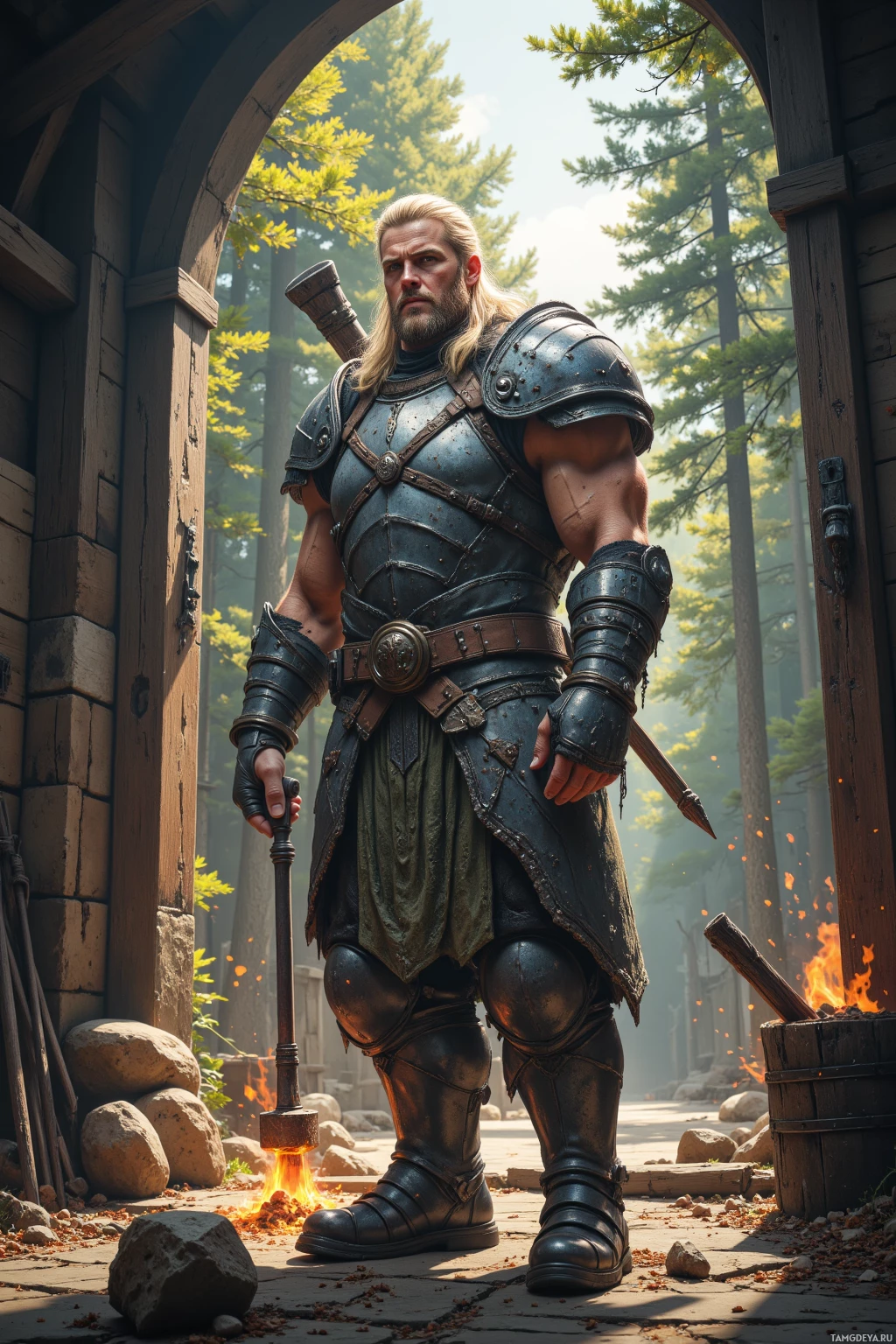 A warrior in medieval armor stands in a forested area near a wooden structure.