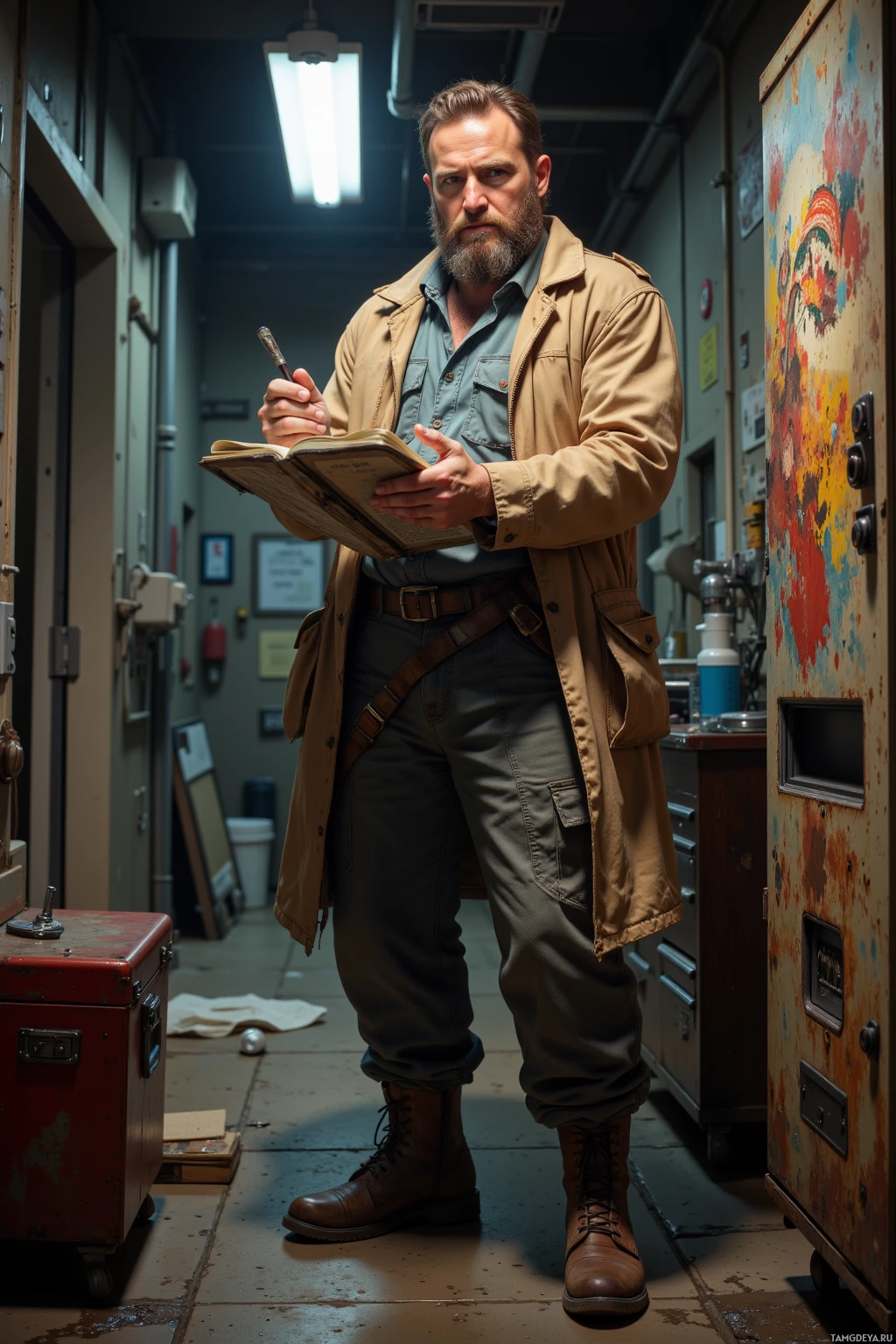 A man in a trench coat and boots stands in a dimly lit industrial setting, holding a notebook and pen.