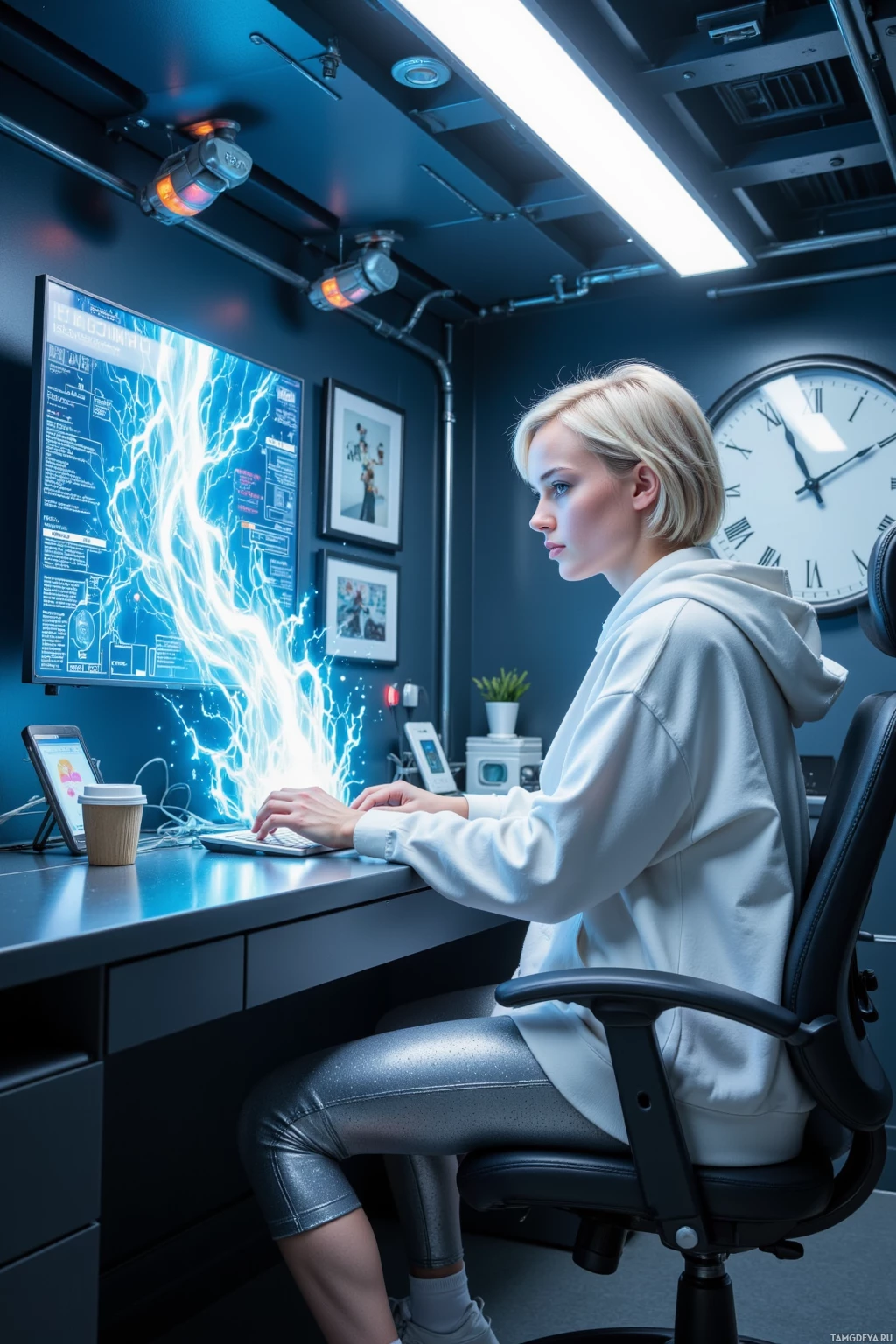A person is seated at a desk in a modern workspace, working on a computer with a large monitor displaying a lightning bolt design.