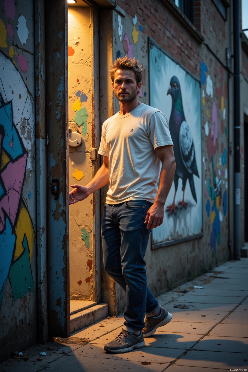 A man stands in an alleyway with graffiti and a pigeon mural on the wall.